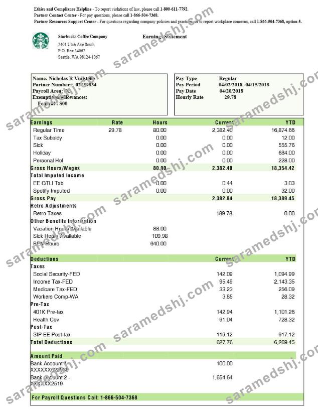 Starbucks Coffee Company earnings statement template in Word and PDF formats.pdf, 1